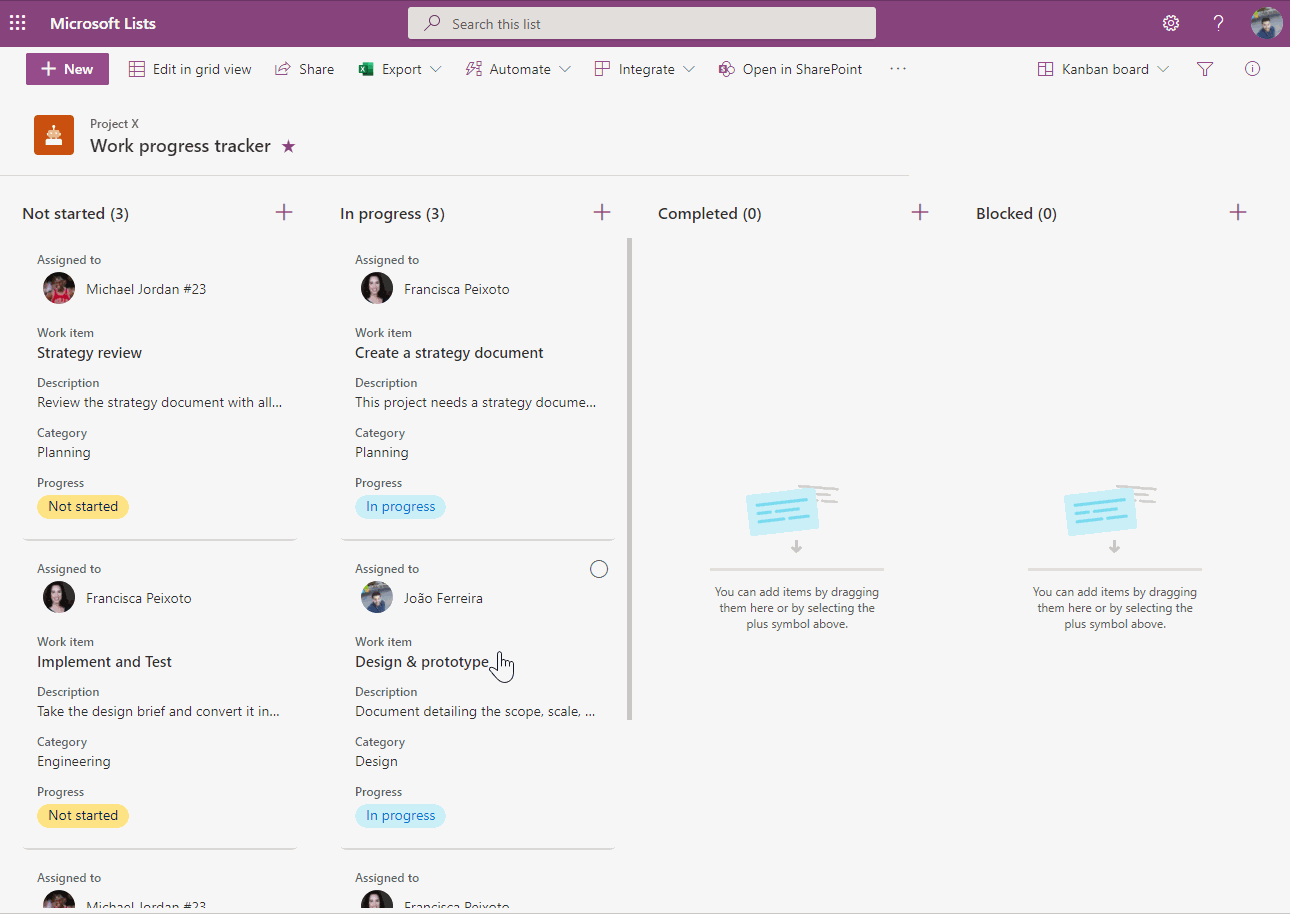 Microsoft Lists Kanban board view