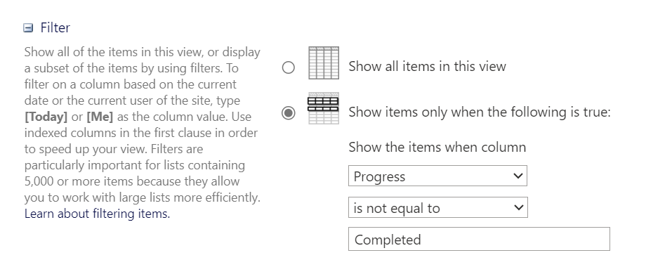 Microsoft Lists board view filter