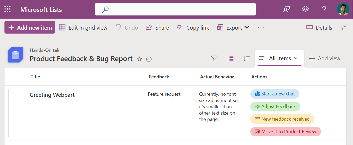 Microsoft Lists Quick Actions