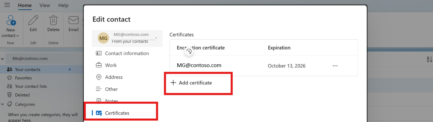 Add certificate option in contacts.