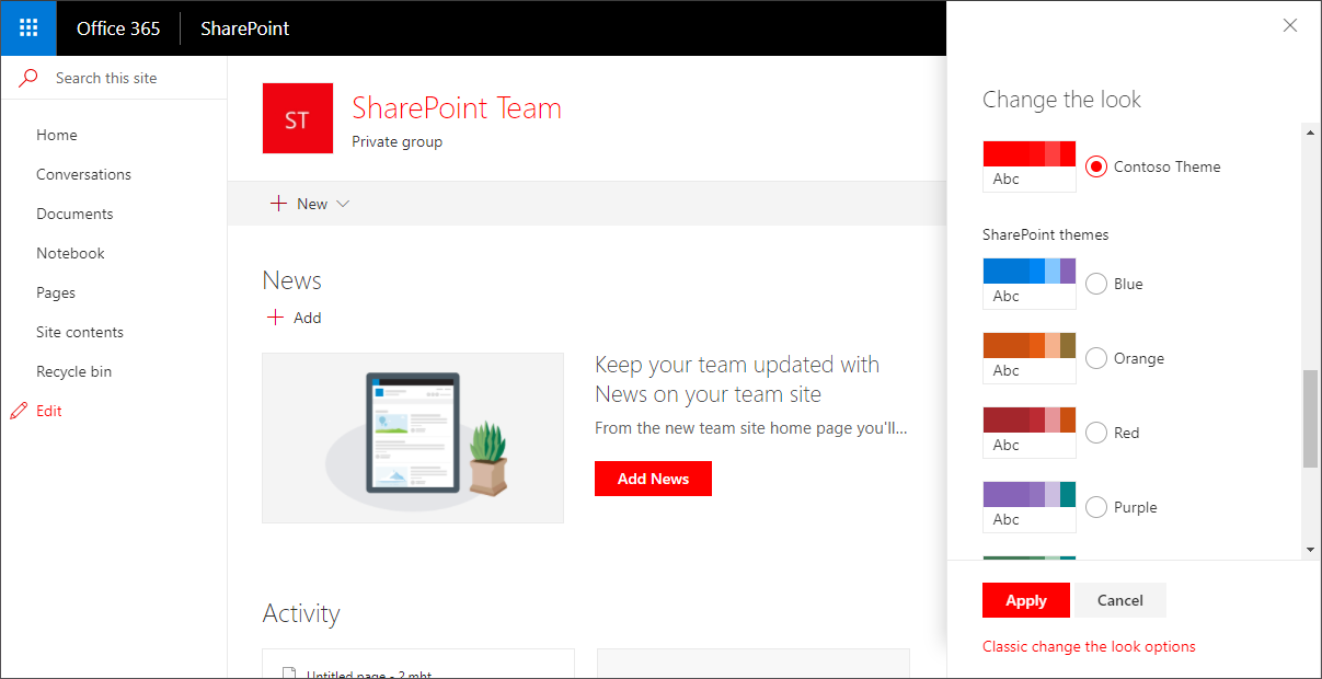 SharePoint Online Theme Selection