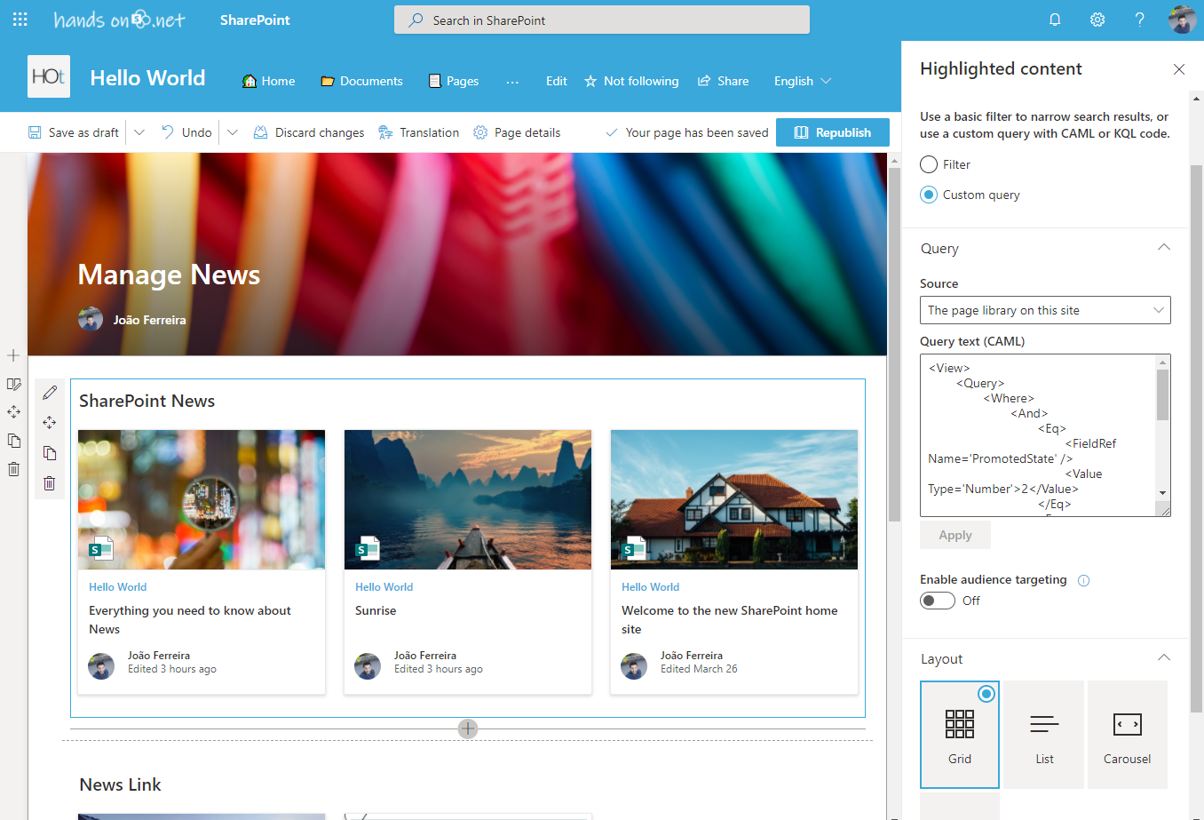 create SharePoint news index